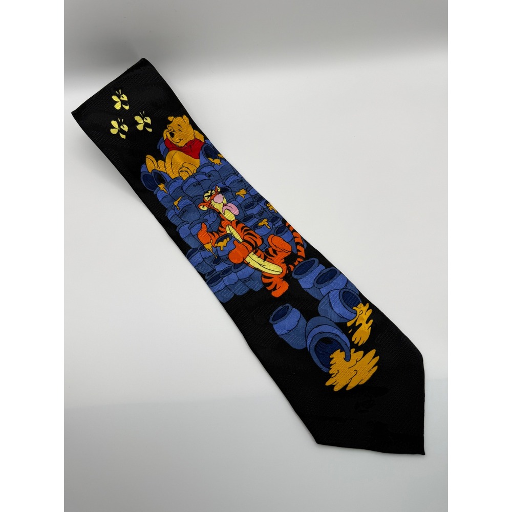 Disney Pooh Silk Tie 3.75" Tigger Honey Pot Vintage Cartoon Novelty Black Blue